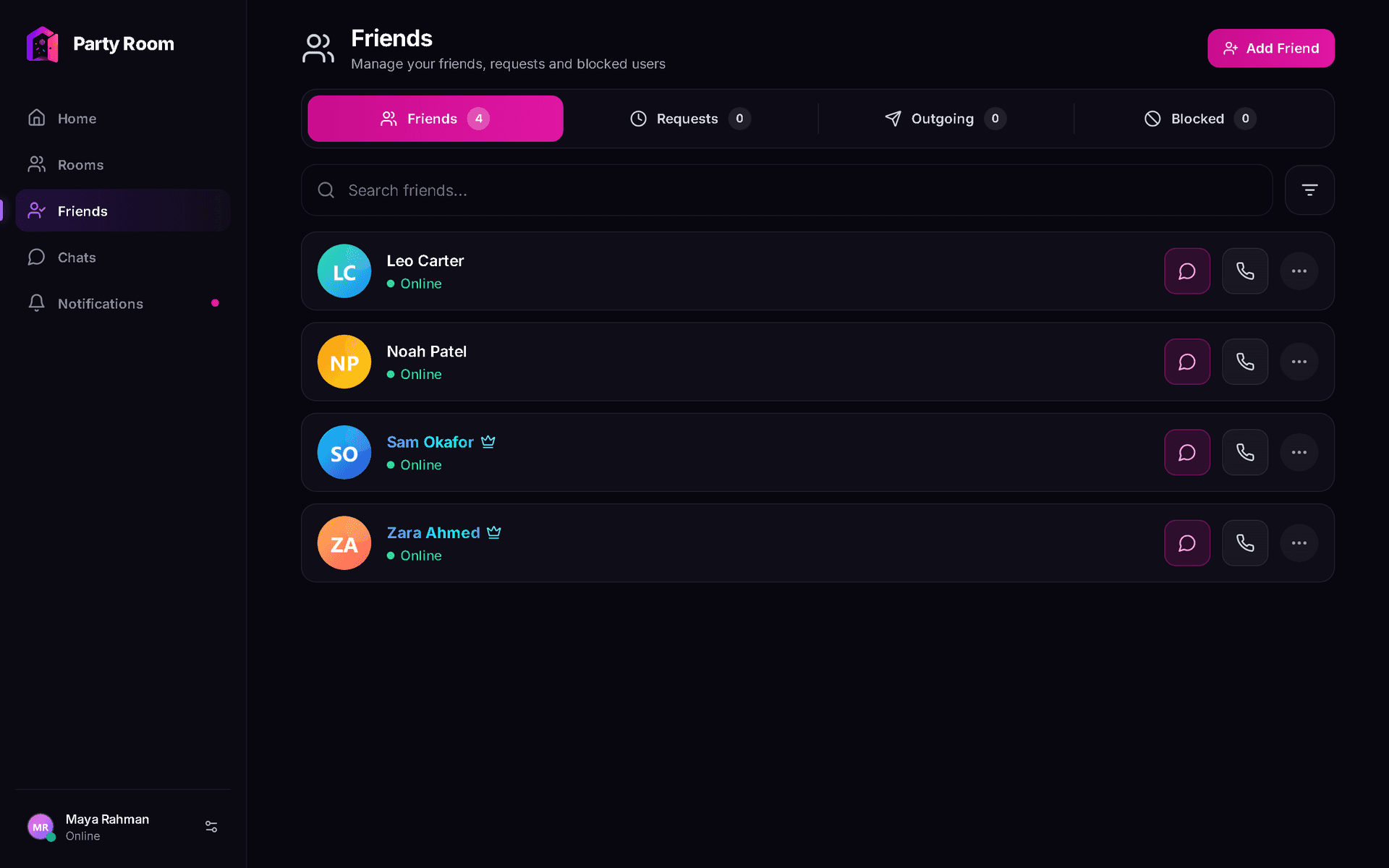 Party Room: friends and who's online