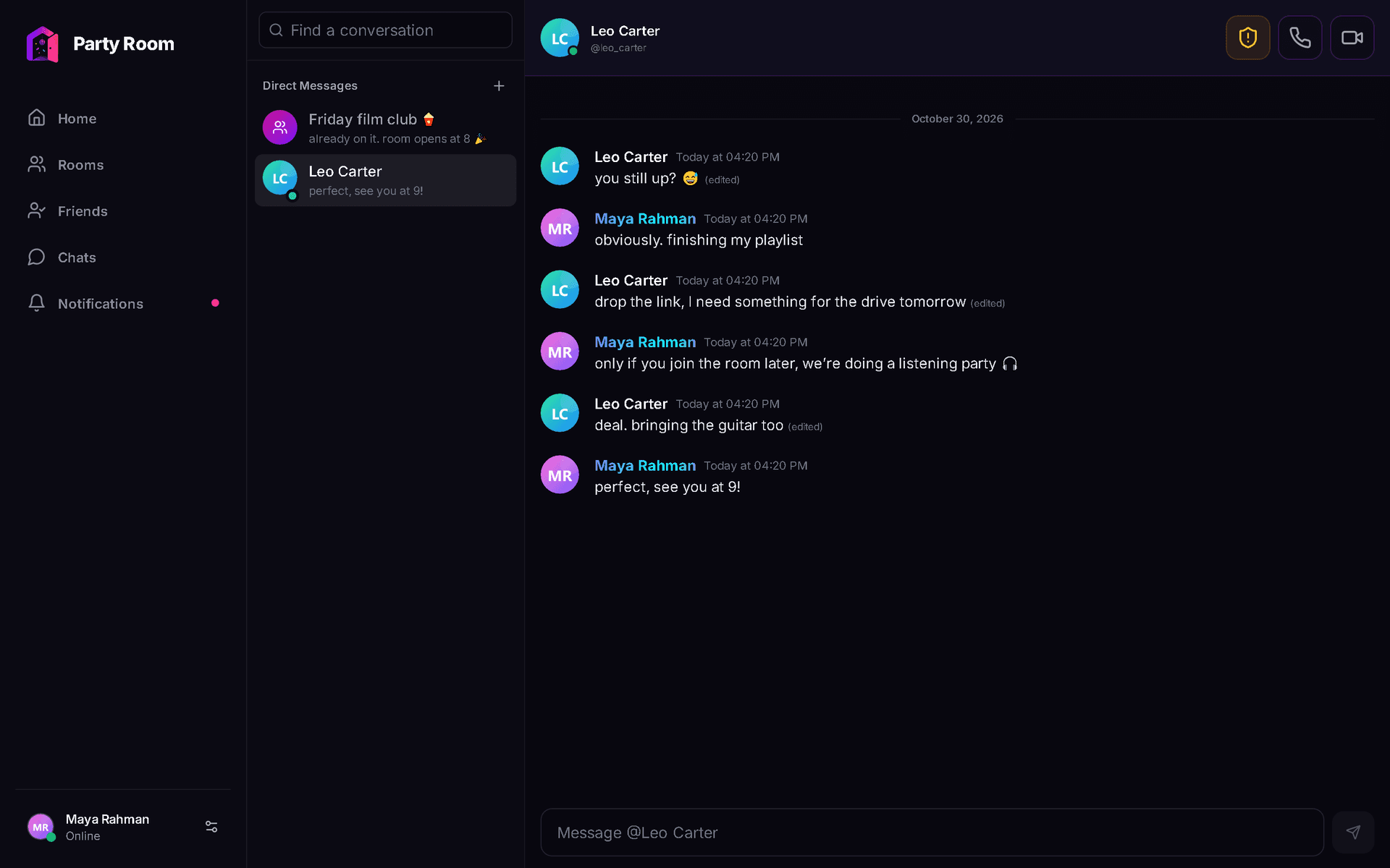 Party Room: private messages with anyone you add